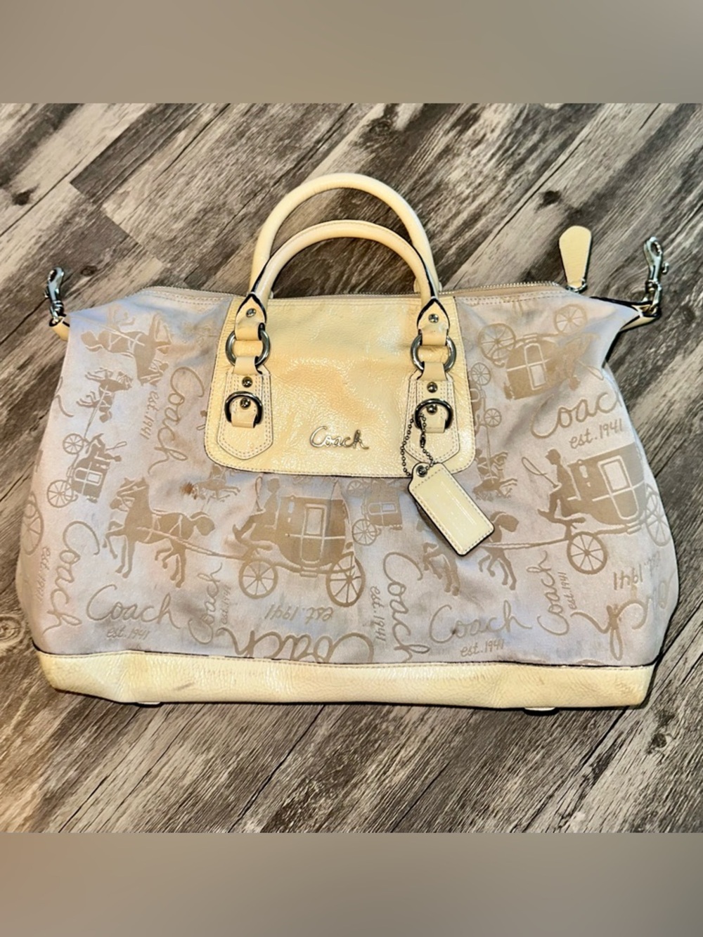 Coach Satchel Bag Horse Carriage Print Canvas Leather Trim Beige Tote